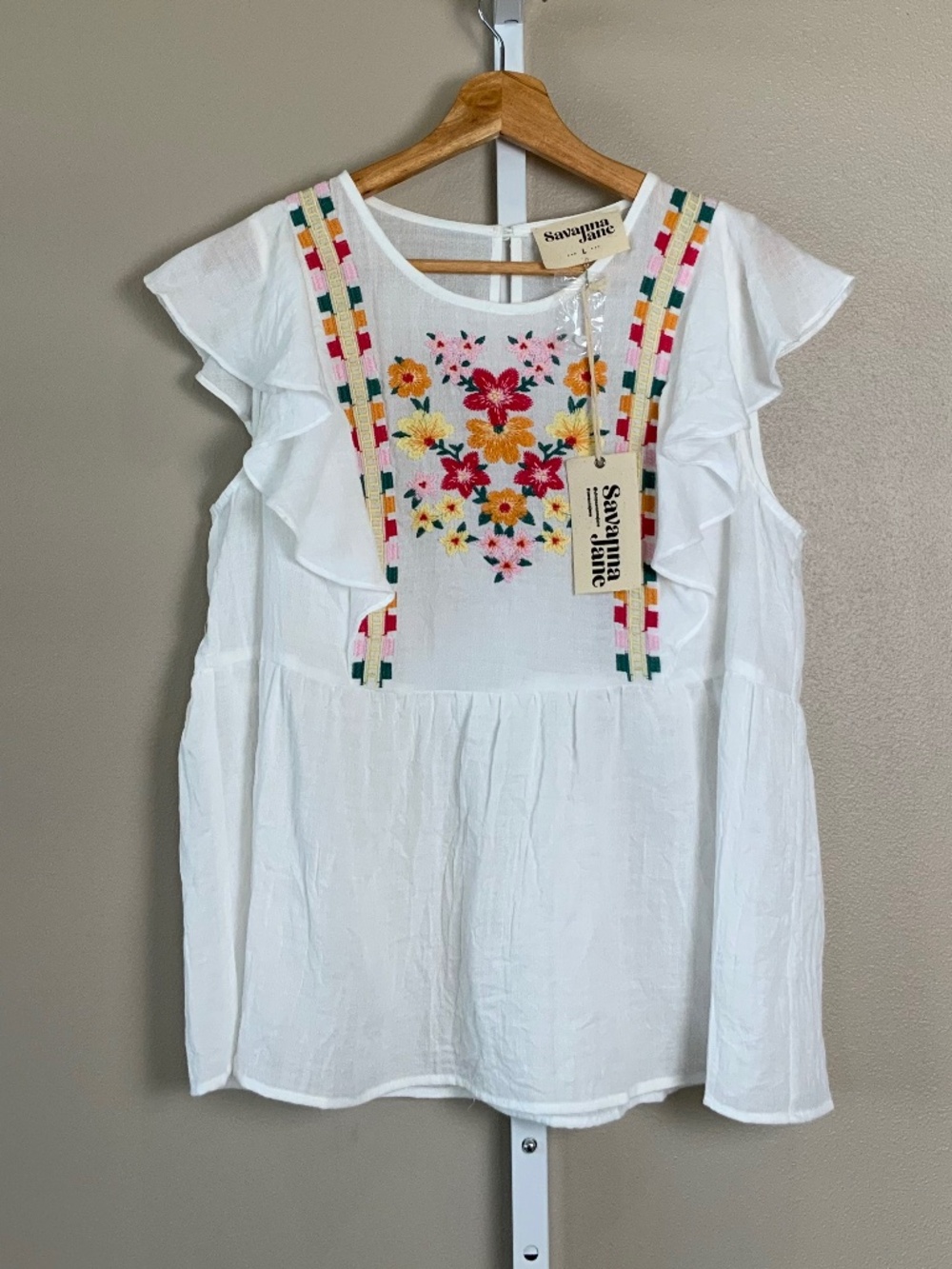 Savanna Jane Floral Embroidered Ruffle Flutter Sleeve Top